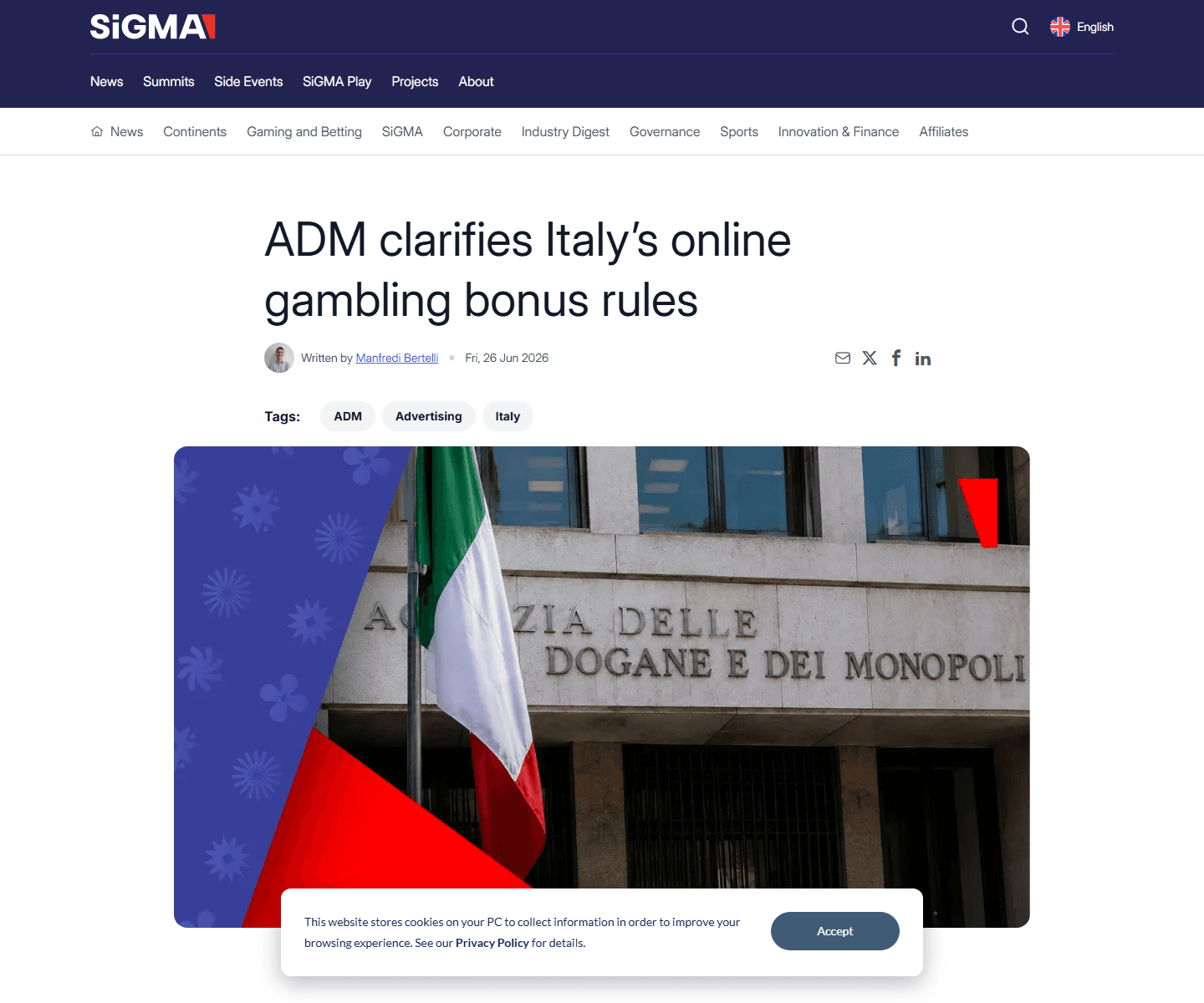 Screenshot af SiGMA-artiklen om Italiens bonusregler for online gambling