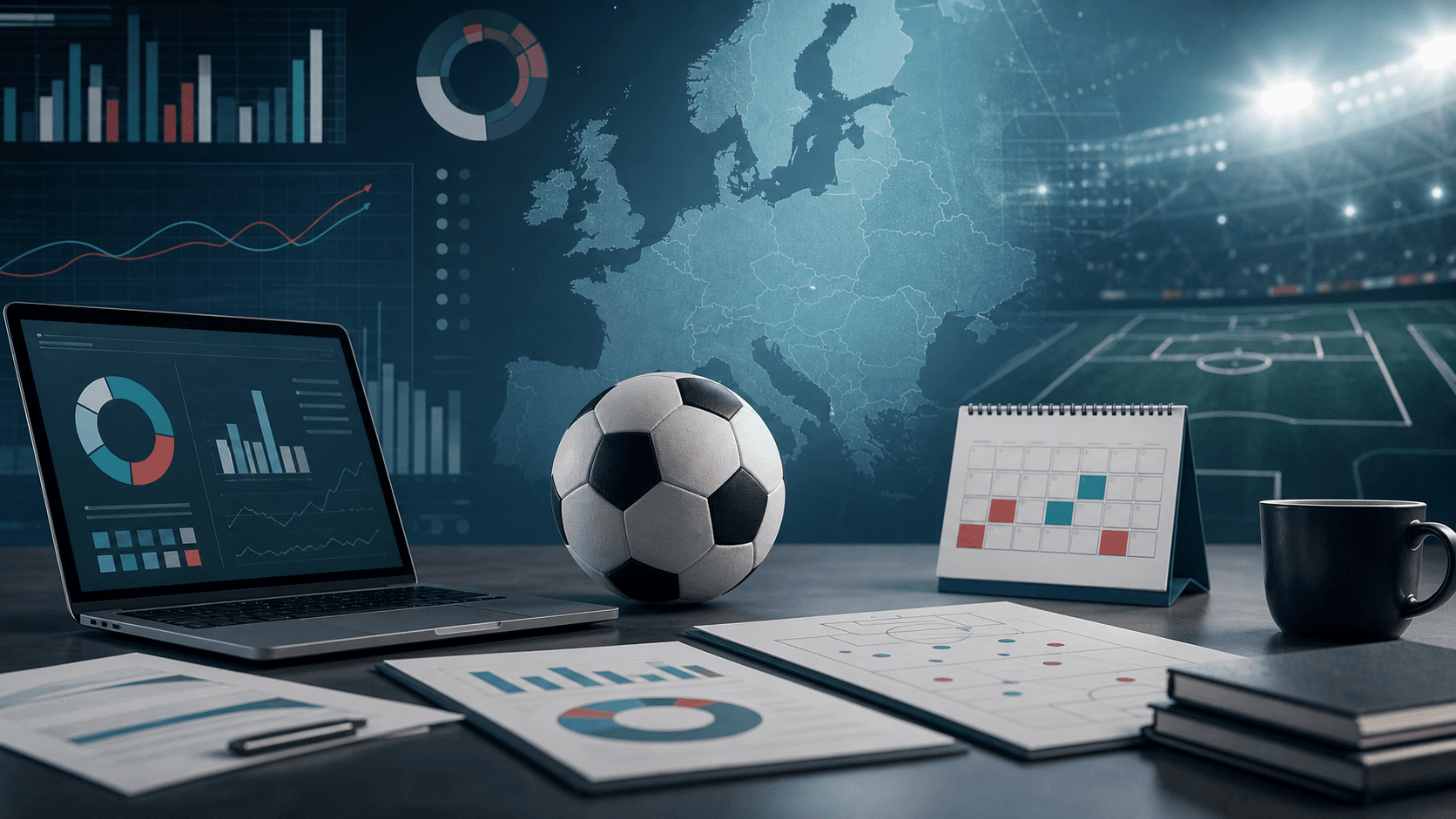 AI-genereret redaktionel illustration af VM 2026, fodbolddata og europæisk iGaming-demand