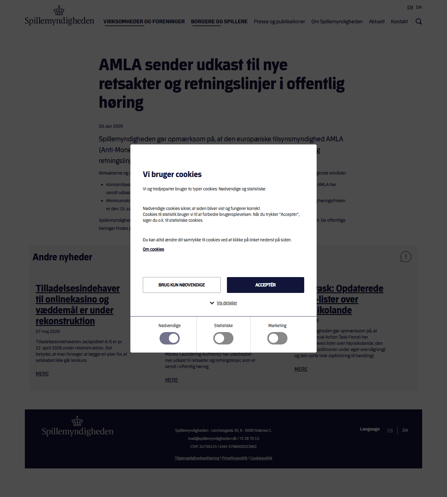 Screenshot af Spillemyndighedens nyhed om AMLA-høring og nye retsakter