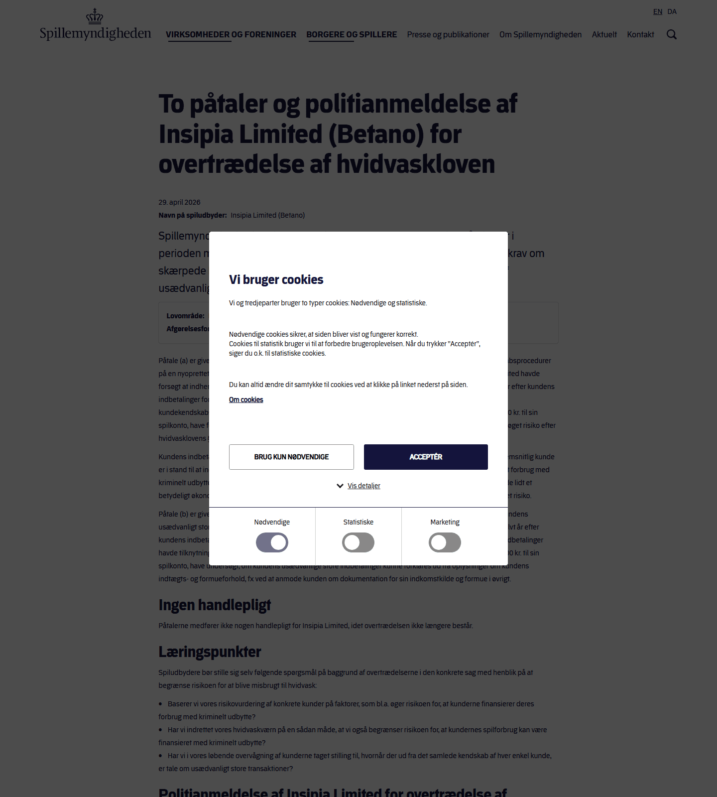 Screenshot af Spillemyndighedens afgørelse om påtaler og politianmeldelse af Insipia Limited