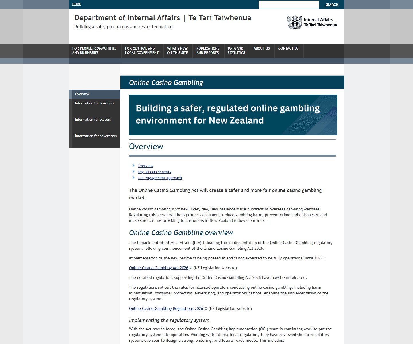 Screenshot af New Zealands officielle side om reguleret online casino