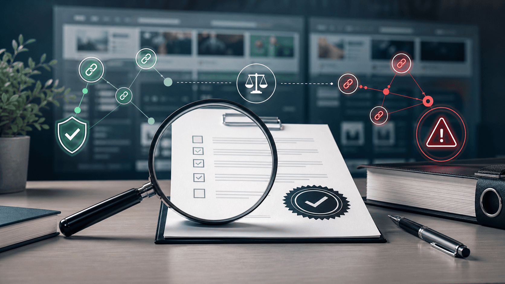 AI-genereret redaktionel illustration af compliance-kontrol og ulovlig gambling-promotion