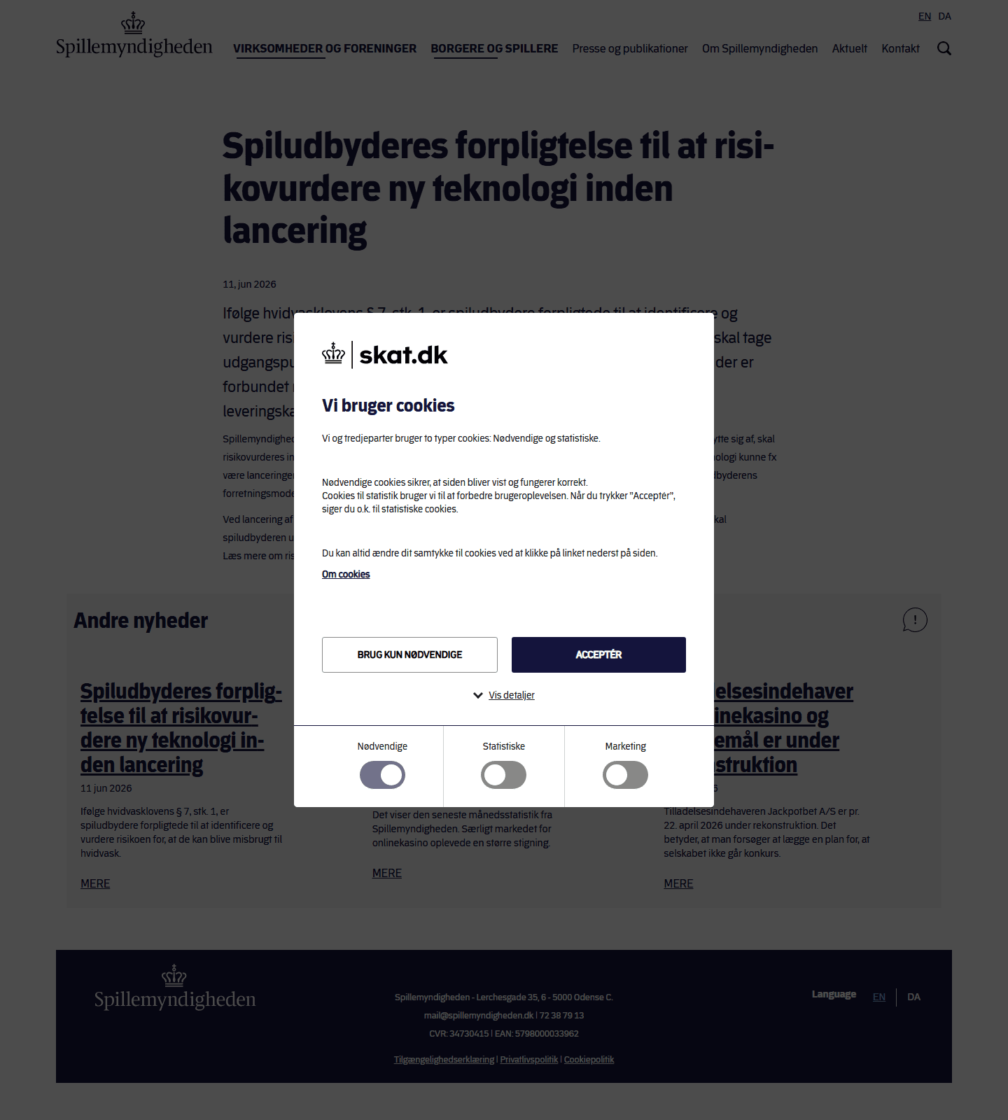 Skærmbillede af Spillemyndighedens nyhed om risikovurdering af ny teknologi