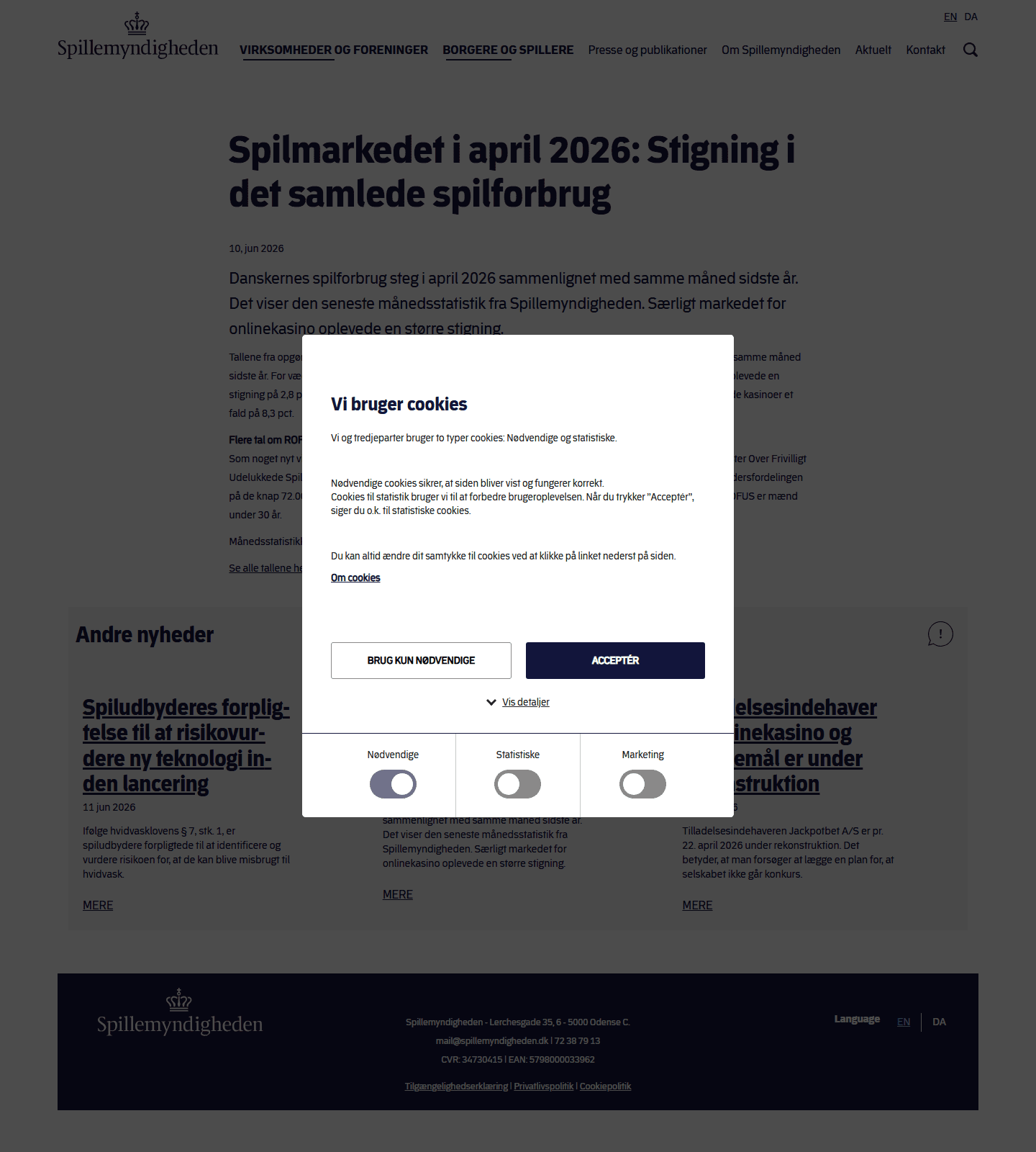 Skærmbillede af Spillemyndighedens nyhed om spilmarkedet i april 2026