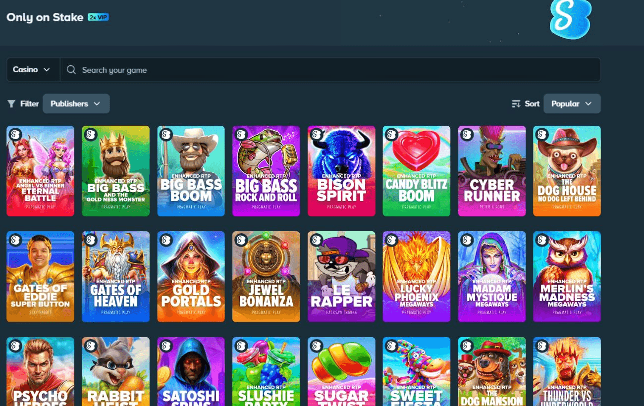 Skærmbillede af Stake.dk's Only on Stake-kategori med slots, filter og søgefelt